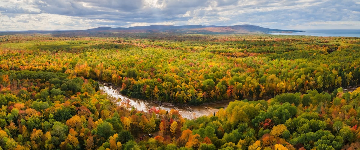 Colorful aerial view of Bonanza Falls during Autumn on the Big Iron River - near Silver City and Porcupine Mountains Wilderness State Park - Michigan Upper Peninsula