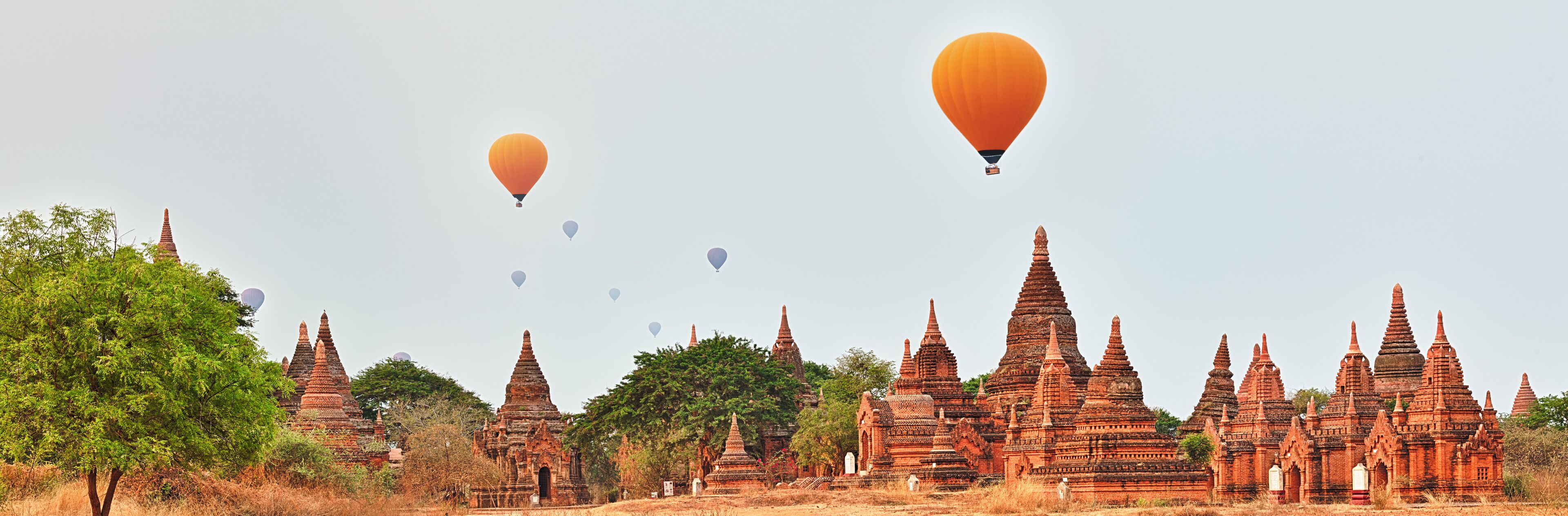 Balloons over Temples in Bagan. Myanmar.