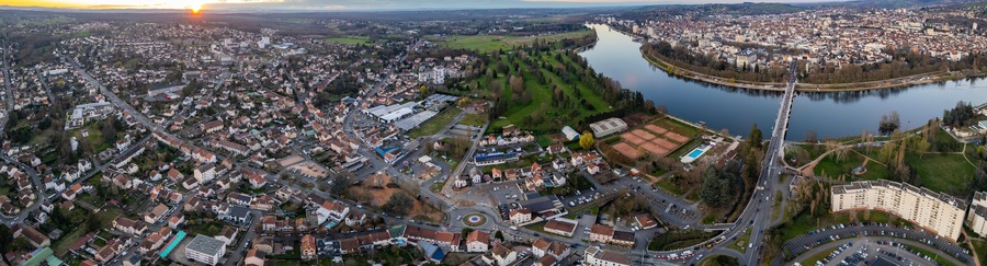 Aerial panoramic view around the old town and city Bellerive-sur-Allier in France on a sunny afternoon