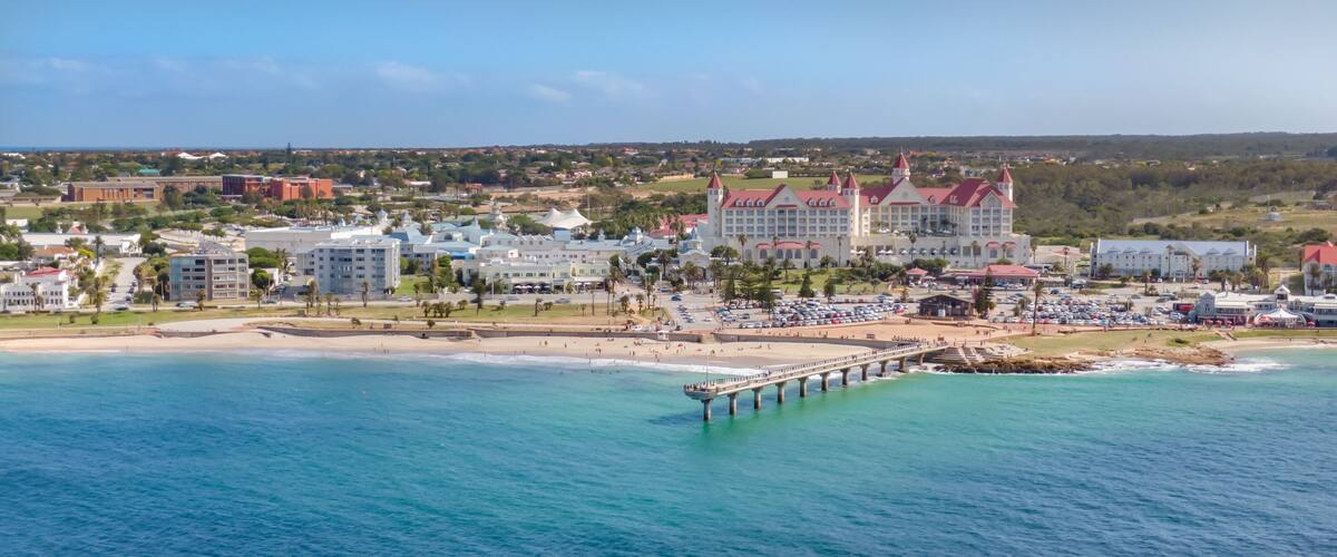 Shark Rock Pier and Hobie Beach in Summerstrand, Aerial Panorama of Port Elizabeth, South Africa