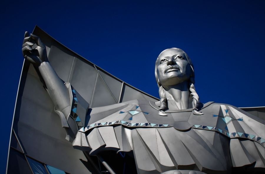 Dignity sculpture by Dale Claude Lamphere located on a bluff overlooking the Missouri River near Chamberlain, South Dakota