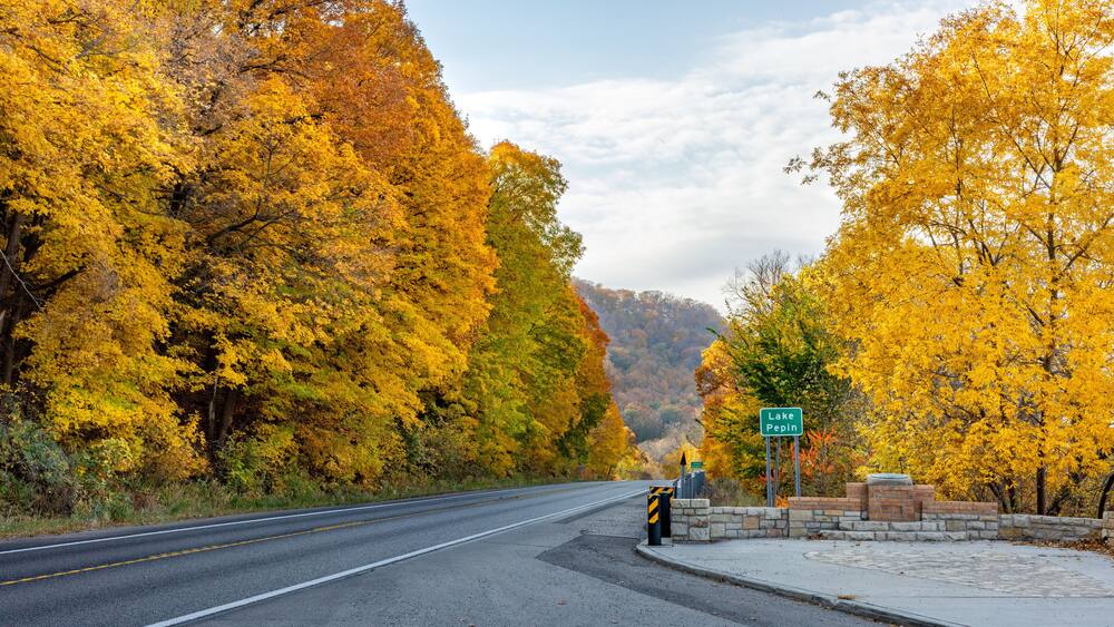 Highway 61 in the fall is a scenic drive along Lake Pepin and the Mississippi River where bald eagles and wildlife are commonly spotted on a highway rich in history and landmarks