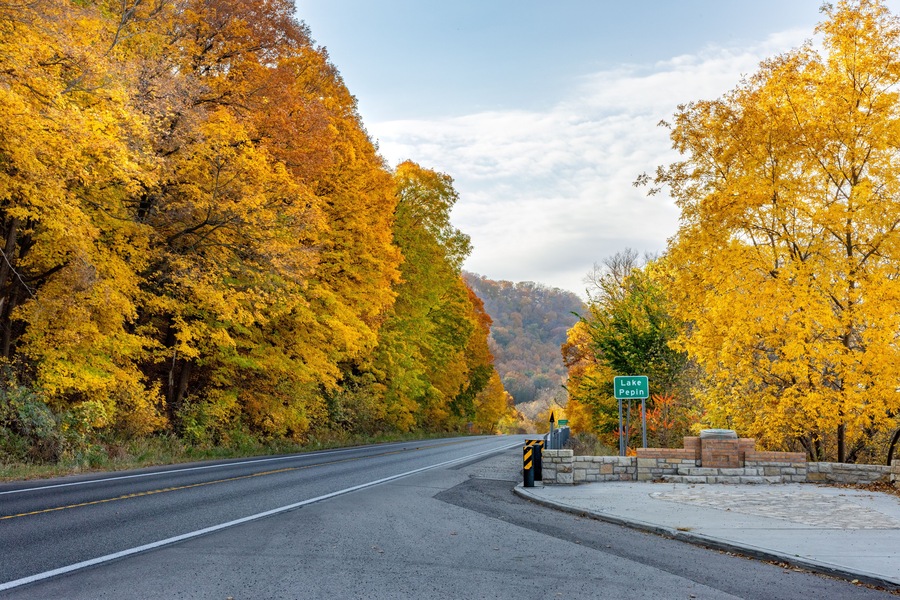 Highway 61 in the fall is a scenic drive along Lake Pepin and the Mississippi River where bald eagles and wildlife are commonly spotted on a highway rich in history and landmarks
