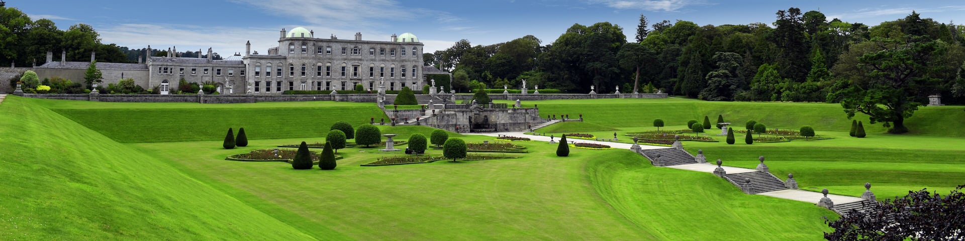 Enniskerry, County Wicklow, Ireland, panoramic view to Powerscourt Estate mansion grounds and gardens