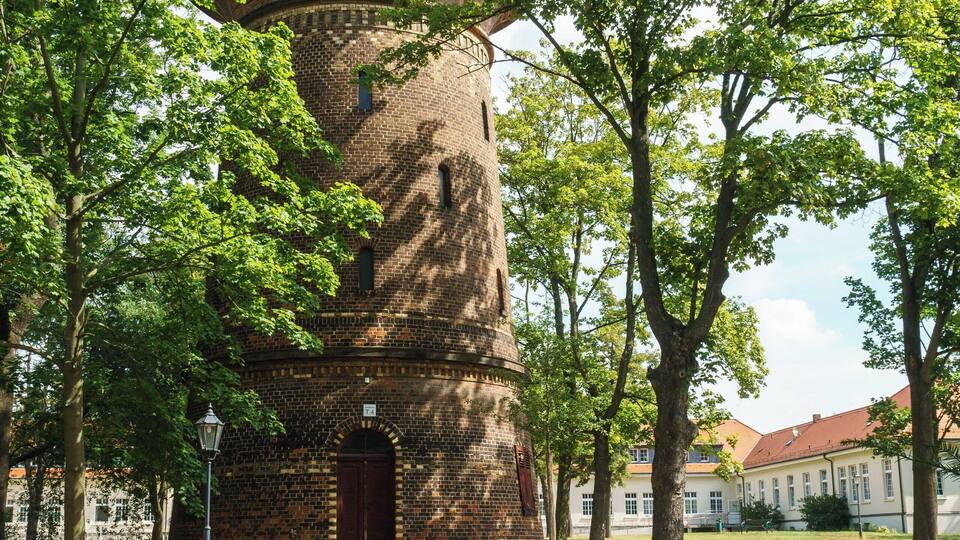 A brick tower with a dome, surrounded by trees and a grassy area.