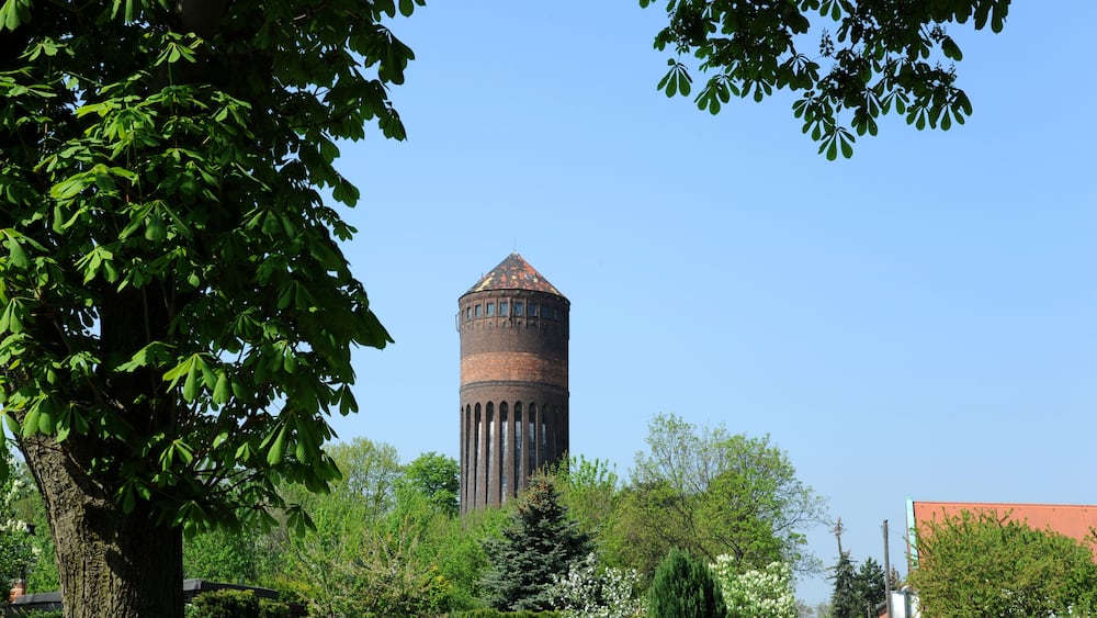 A historic water tower surrounded by lush greenery and trees.