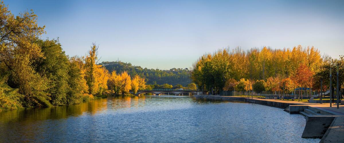 A river with autumn foliage, a bridge, and a park with benches.