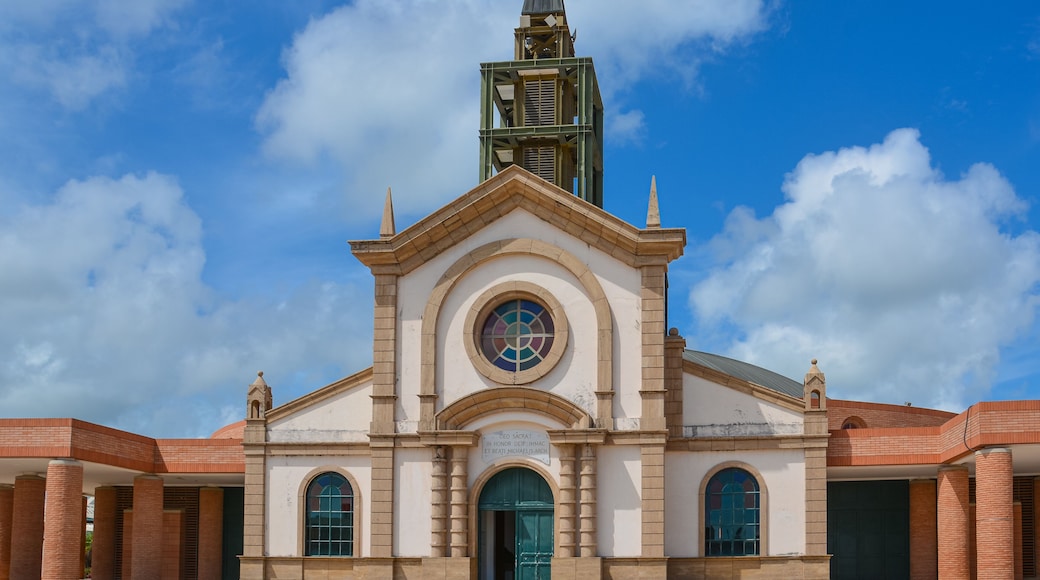 Le Francois, Martinique - September 18, 2018: Catholic Church of Saint Michael, Eglise catholique de Saint-Michel. Blue sky, white clouds. Copy space