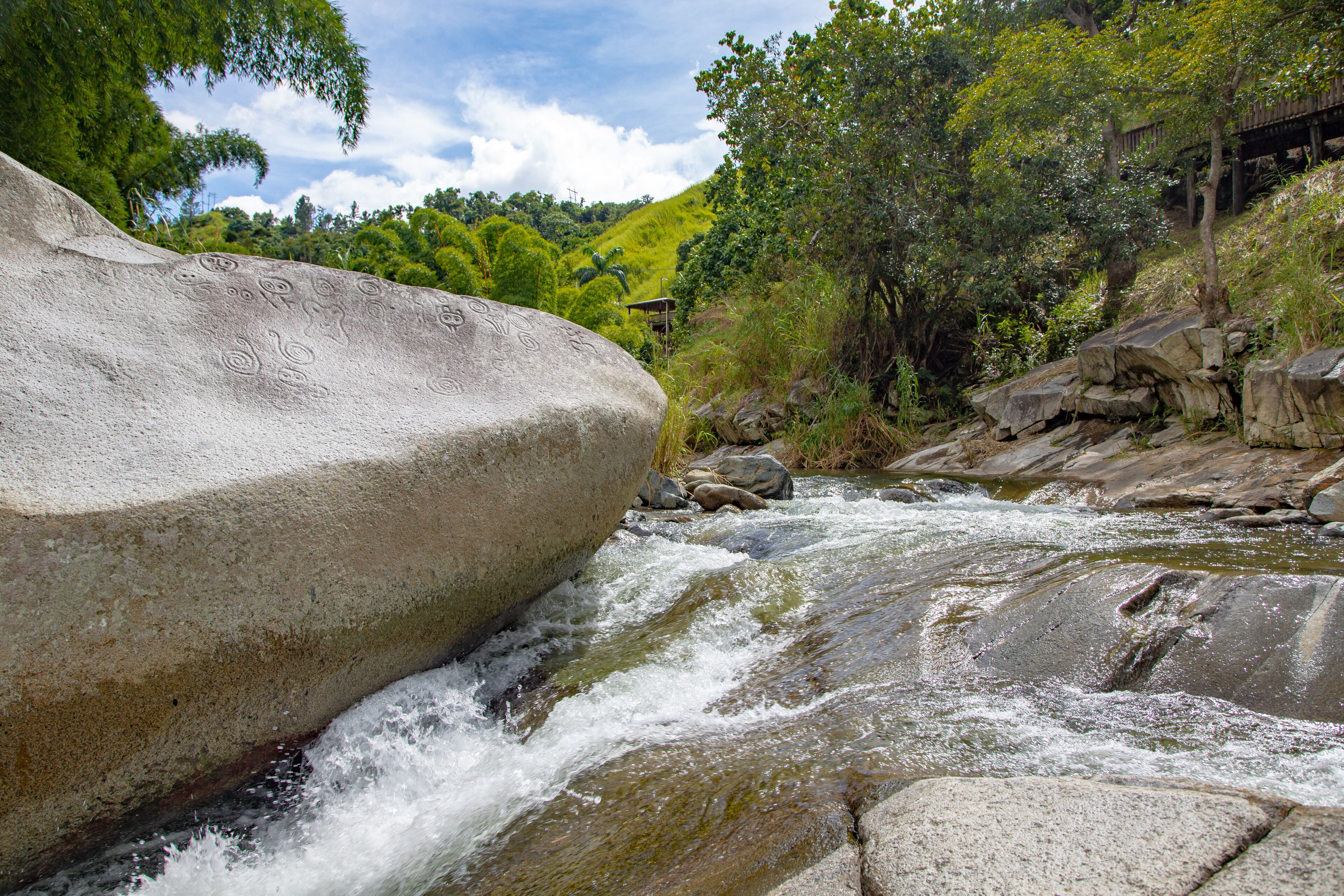 Un río que fluye sobre rocas, rodeado de vegetación exuberante y un puente de madera.