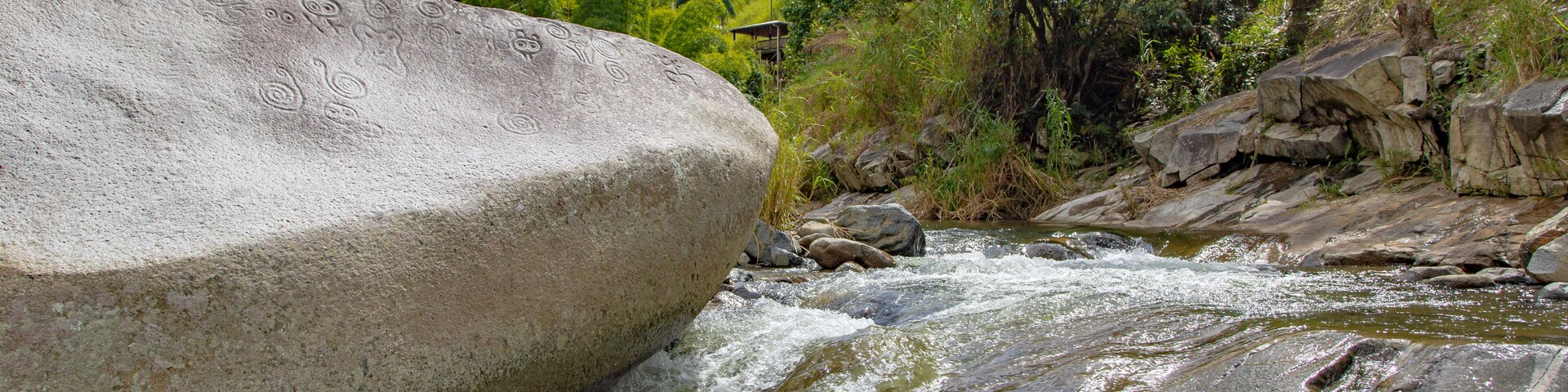 Un río que fluye sobre rocas, rodeado de vegetación exuberante y un puente de madera.