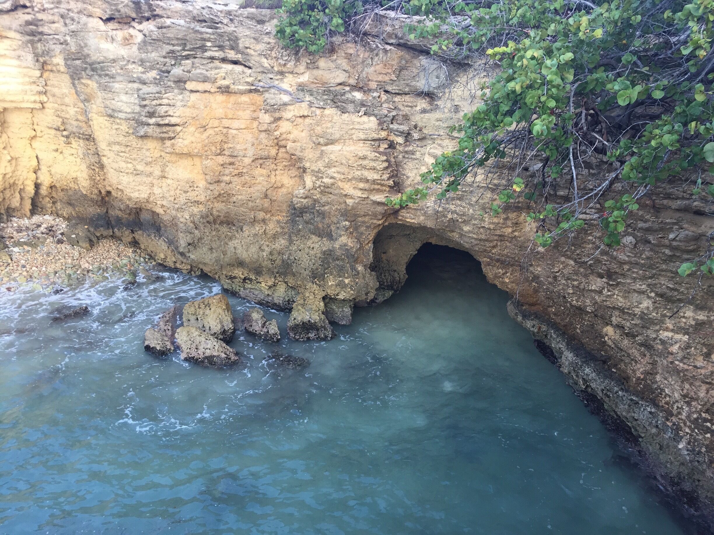 A coastal cave entrance with clear water flowing through it.