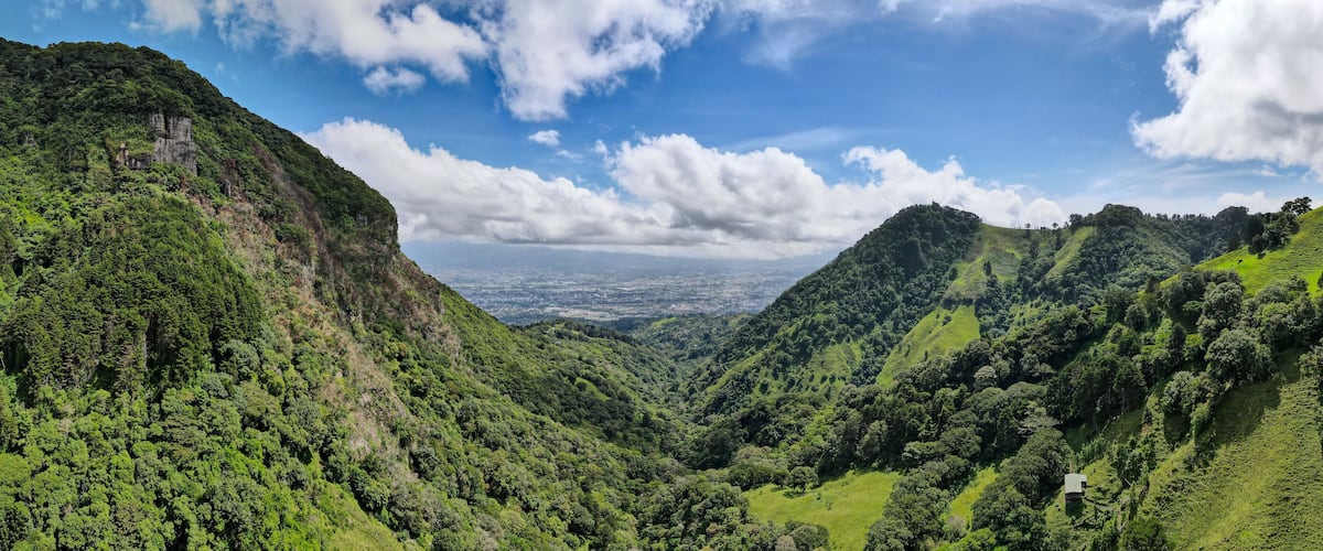 Un valle exuberante con densos bosques verdes y pronunciadas colinas.