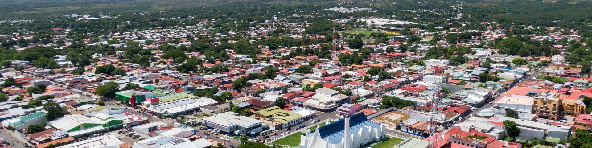 Beautiful aerial view of Liberias church and park in Costa Rica