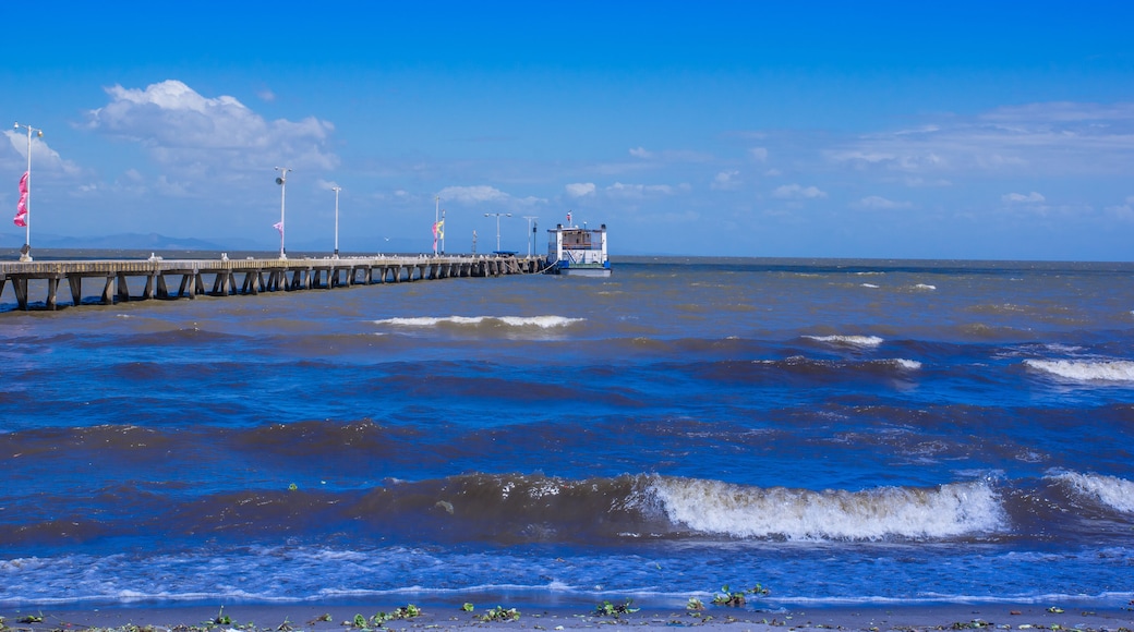 Beautiful outdoor view of wooden Pier Leading out into Lake in a gorgeous sunny day and blue water in Granada