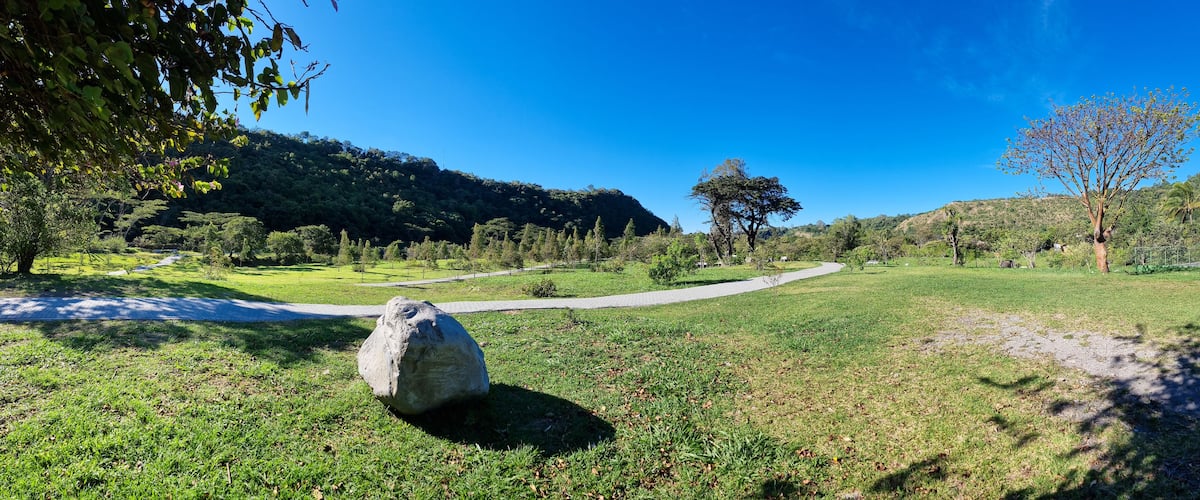A park with a large rock, a winding path, and a hill in the background.