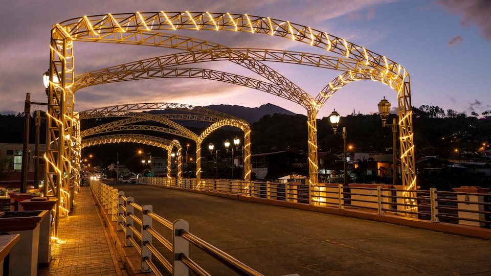 Dusk at bridge across the Caldera river running through the center of Boquete, Chiriqui highlands, Panama, Central America.