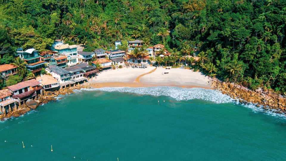 A coastal area with a sandy beach, a rocky shoreline, and a dense forest in the background.