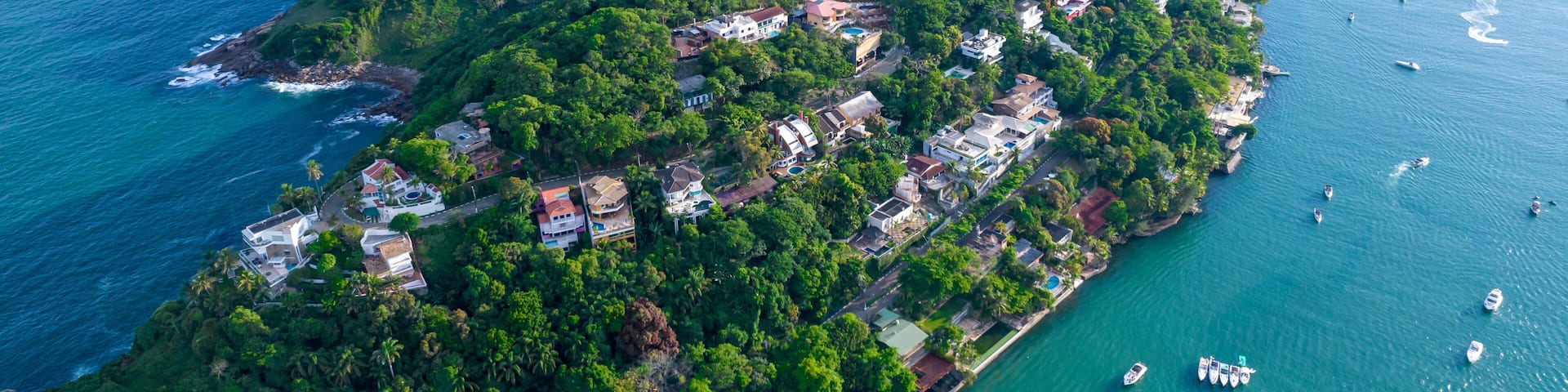 Aerial view of Enseada beach in Guarujá, Brazil.