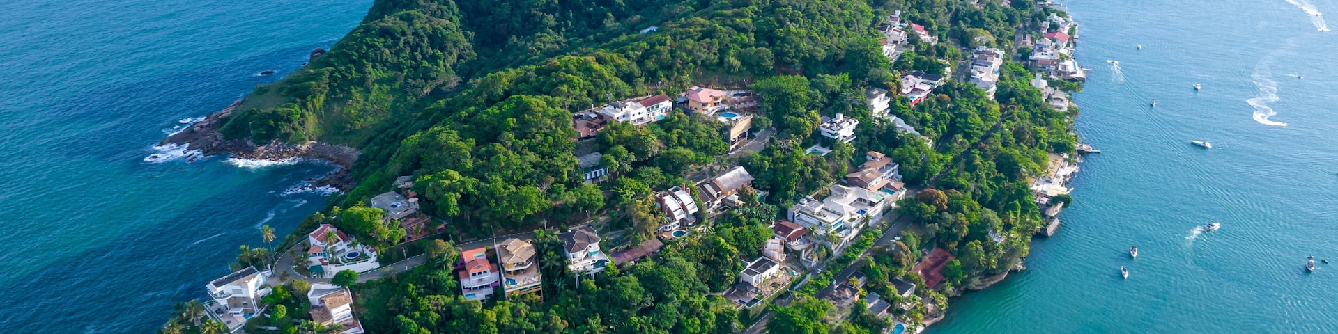 Aerial view of Enseada beach in Guarujá, Brazil.