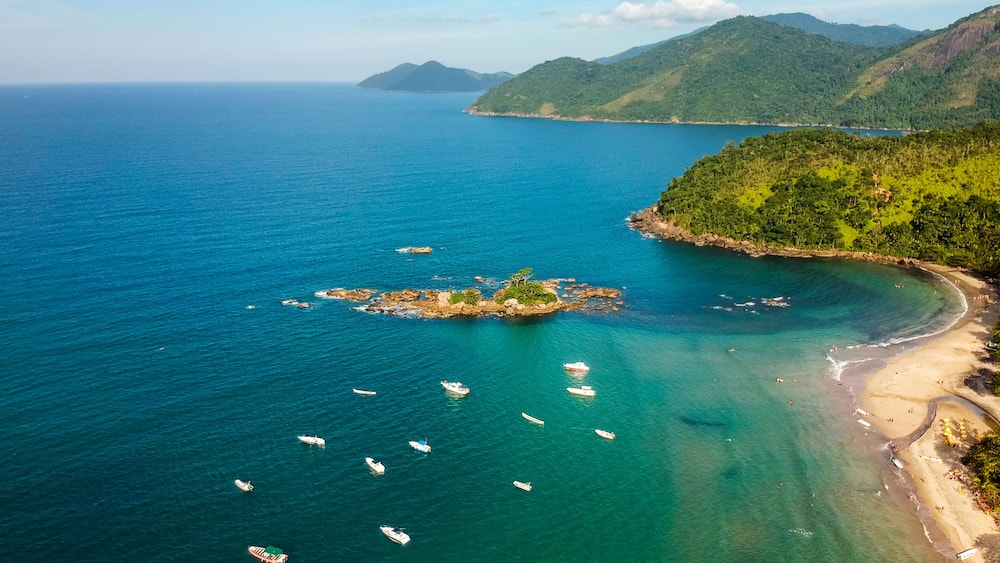 Aerial view of Castelhanos beach in Ilhabela Island, Sao Paulo, Brazil