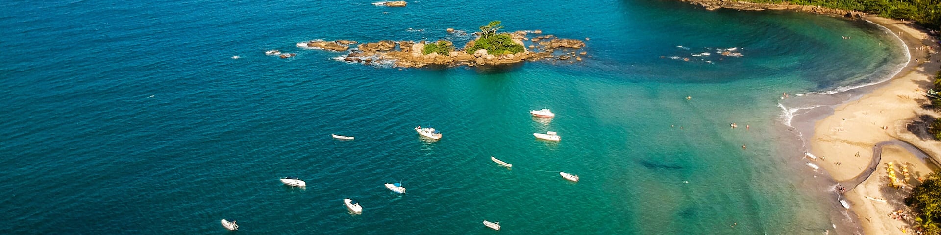 Aerial view of Castelhanos beach in Ilhabela Island, Sao Paulo, Brazil