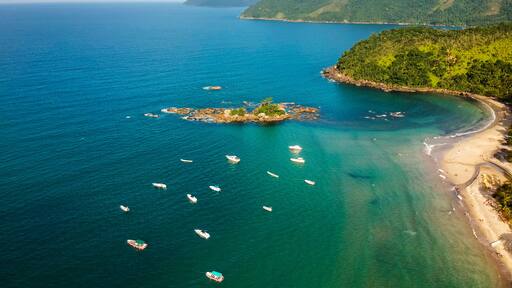 Aerial view of Castelhanos beach in Ilhabela Island, Sao Paulo, Brazil
