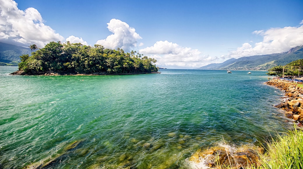 Island of goats, Ilha das cabras, on mid channel between Sao Sebastiao and Ilhabela - São Paulo, Brazil - seen from Ilhabela on a sunny day with sky with clouds - Panorama photo