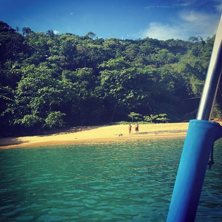 A beach with clear turquoise water, a sandy shore, and dense green forest in the background.