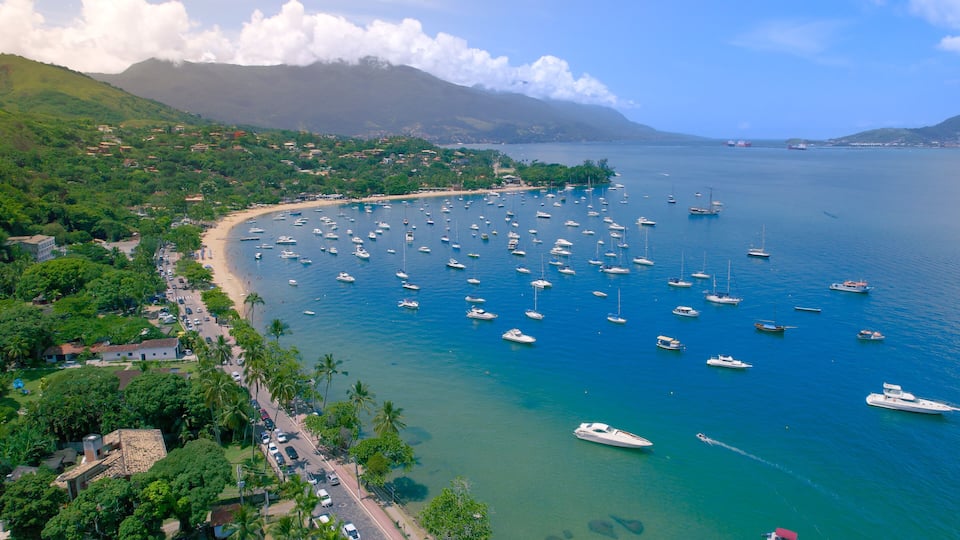 A coastal town with a marina filled with boats, surrounded by lush greenery and mountains in the background.