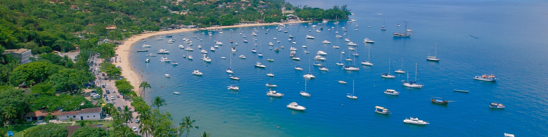 Uma cidade costeira com um porto cheio de barcos, rodeada por vegetação exuberante e montanhas ao fundo.