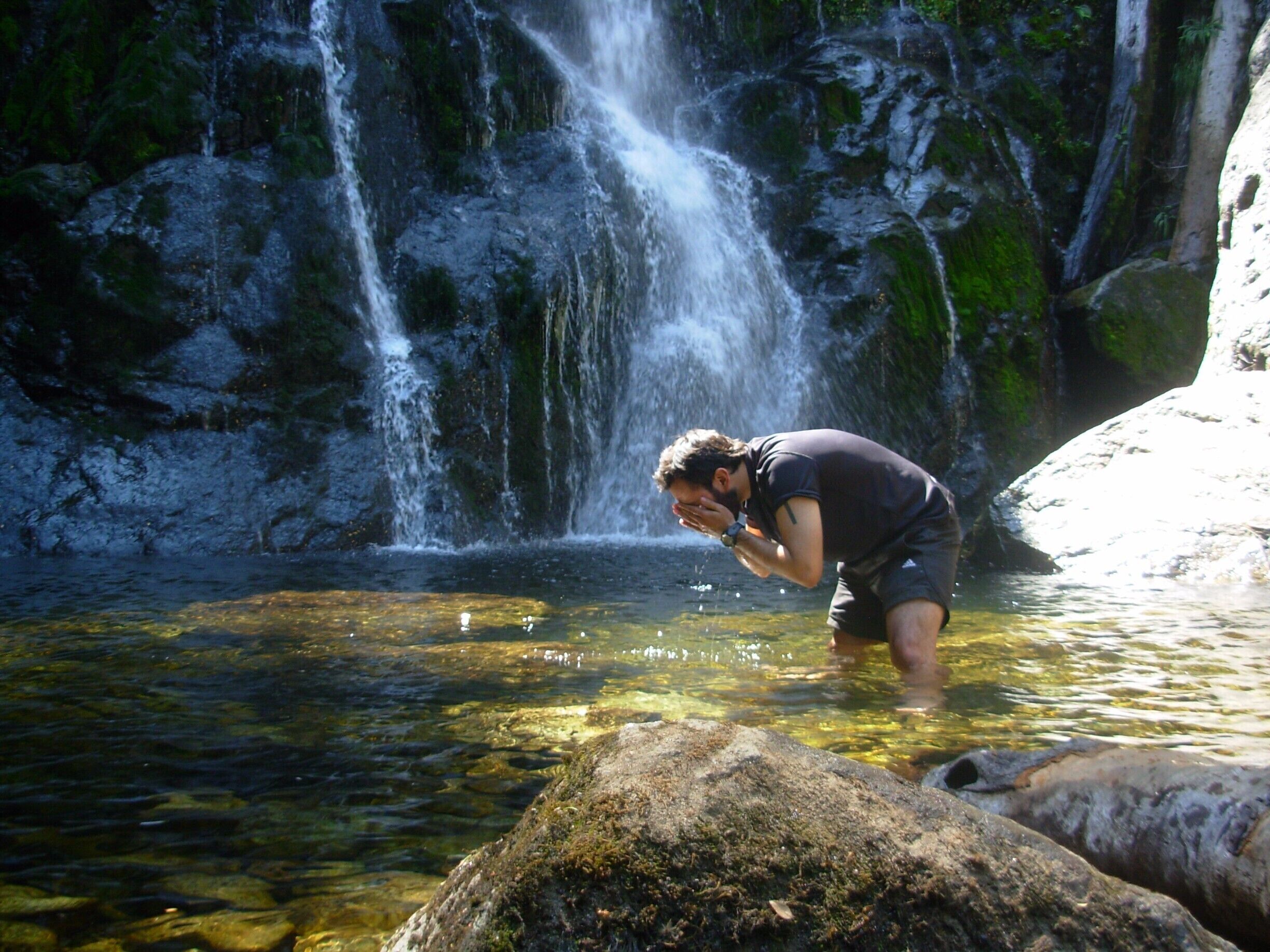 A waterfall in a forested area with clear water and rocks.