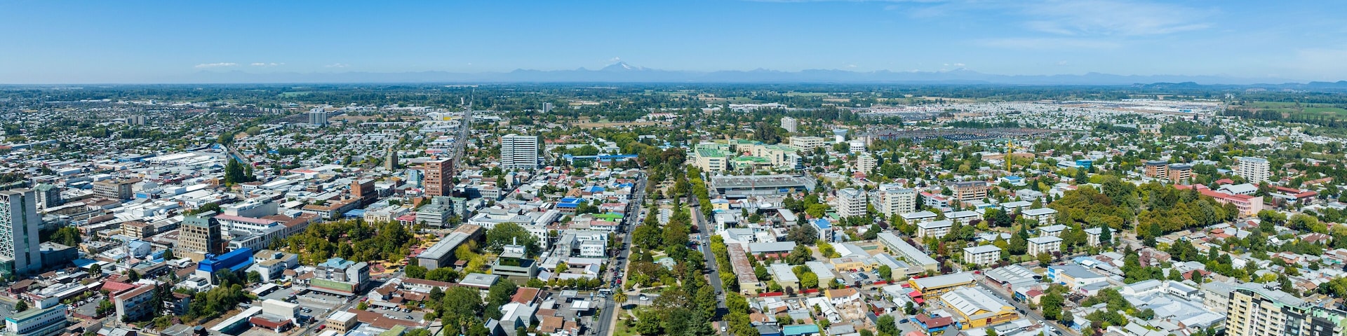 A cityscape with a prominent mountain in the background.