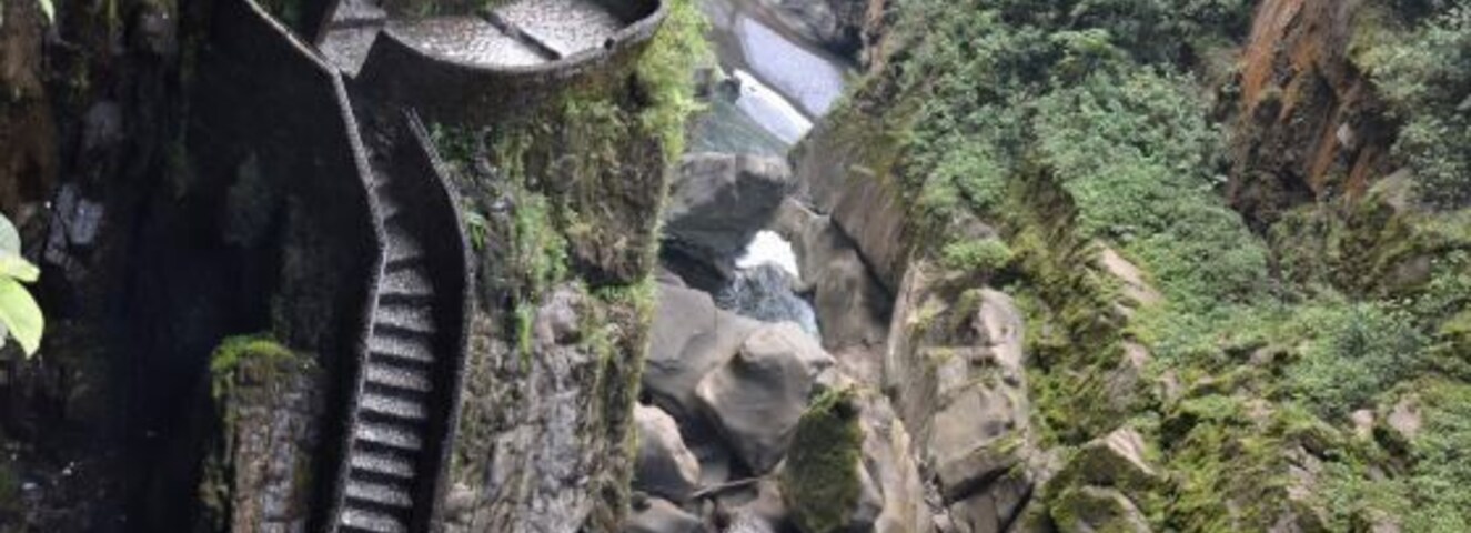 #TroveOn This beautiful staircase is about a 30 minute drive out of Baños, Ecuador. On the road heading toward Puyo it is near Rio Verde. There are a few small signs markings "Cascadas," but nothing more. Any local can point you in the right direction if you miss it A 15 minute walk from the parking area (or guided tours are available in Baños). and you will be in another world. Such a beautiful place. For $1.50 you can take a self-guided tour to climb to the top. Be prepared to crawl on hands and knees through a small open cavern to get this view.