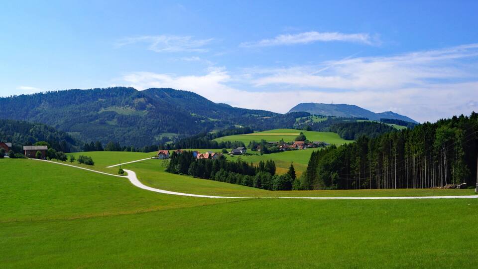 A green valley with a winding road, houses, and forested hills.