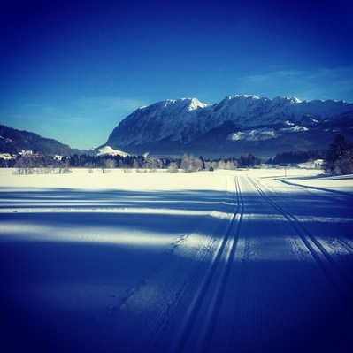 cross-country skiing with a view of the grimming