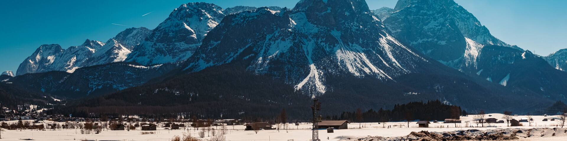High resolution stitched winter panorama with the famous Sonnenspitze summit near Lermoos, Tyrol, Austria