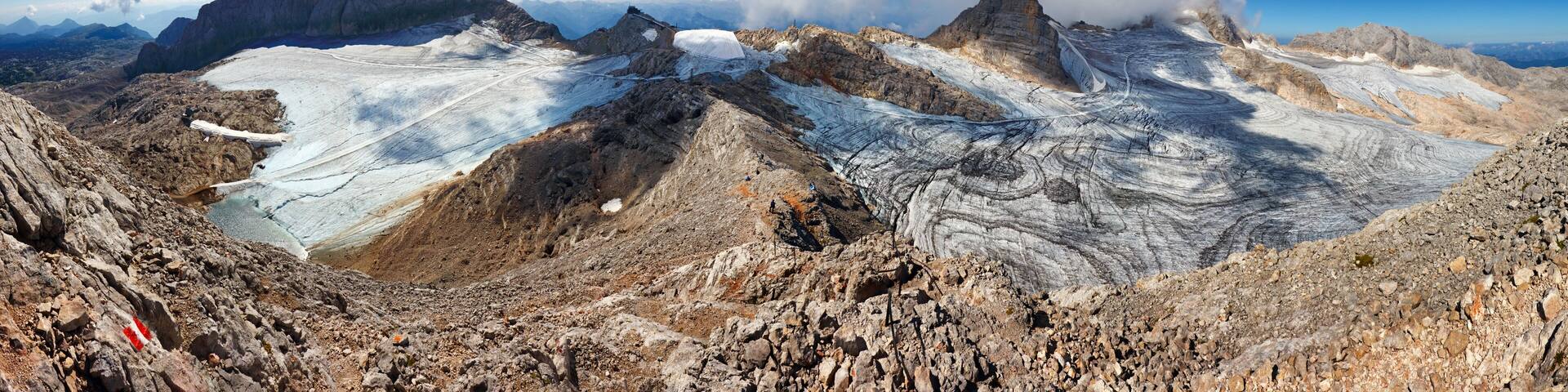 Panorama of Dachstein glacier in Austria Alps. Nice mountain landscape. The plateau is the best place for skiing, Styria.