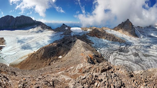 Panorama of Dachstein glacier in Austria Alps. Nice mountain landscape. The plateau is the best place for skiing, Styria.