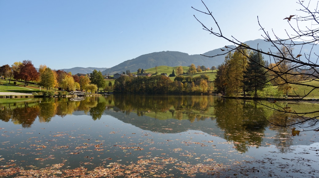 View of Lake Ritzensee on a sunny autumn day in Saalfelden with still reflecting water mountain with clear blue sky. Saalfelden, Pinzgau, Salzburg Land, Austria.