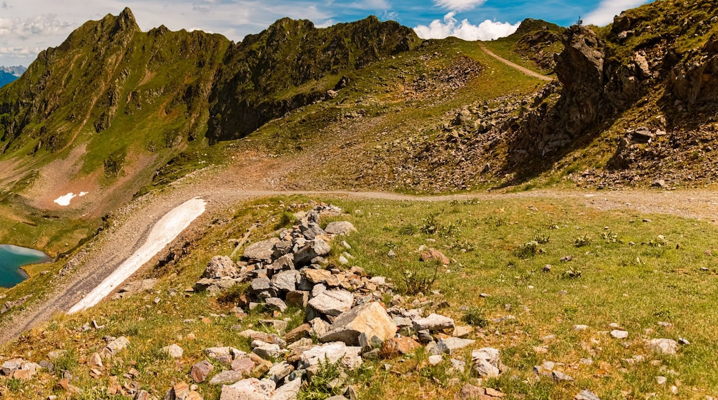 High resolution stitched alpine summer panorama at Mount Kreuzjoch, Schruns, Bludenz, Montafon, Vorarlberg, Austria