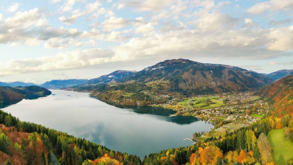 Lake Millstätter See and Döbriach in Carinthia during autumn.