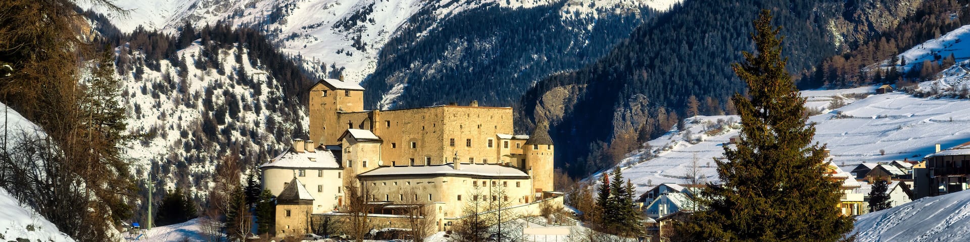 Beautiful view of the ancient Naudersberg Castle in the Austrian Tyrol, near the border with Italy, Nauders, Austria