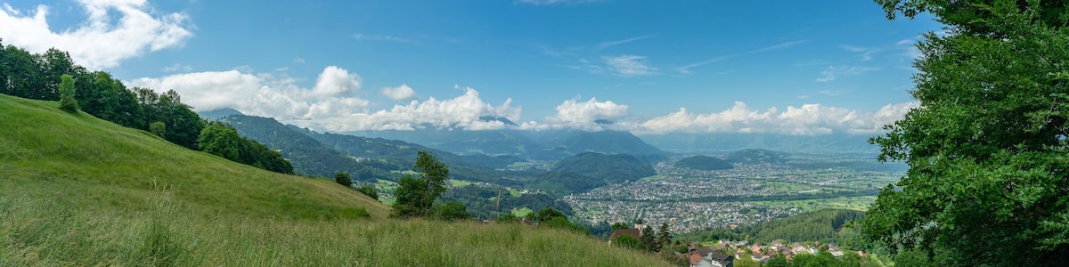 Panorama vom Rheintal bei Feldkirch, Rankweil und Dafins. sonnige Aussicht über Täler, Hügel und Berge, Wiesen und Wälder, Dörfer und Stadt. Sommer in Vorarlberg