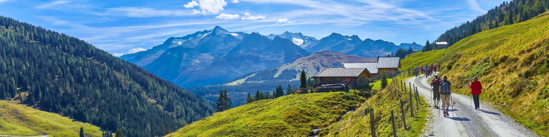 Schönes Bergpanorama mit einer Wandergruppe, im Salzburger Land, oberhalb von Wald im Pinzgau, Österreich.