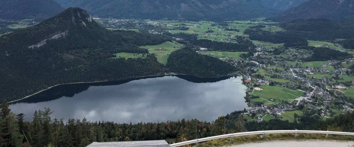 A mountainous landscape with a lake and a small town.