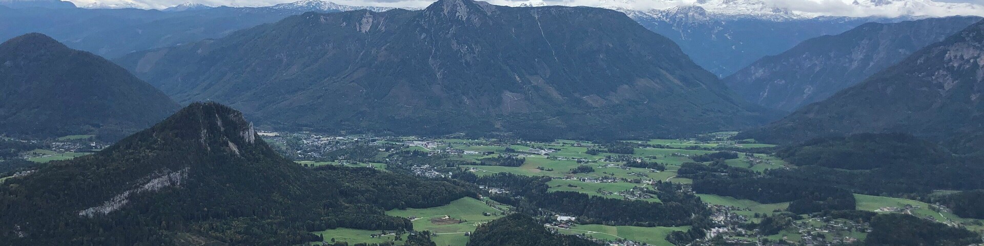 A mountainous landscape with a lake and a small town.