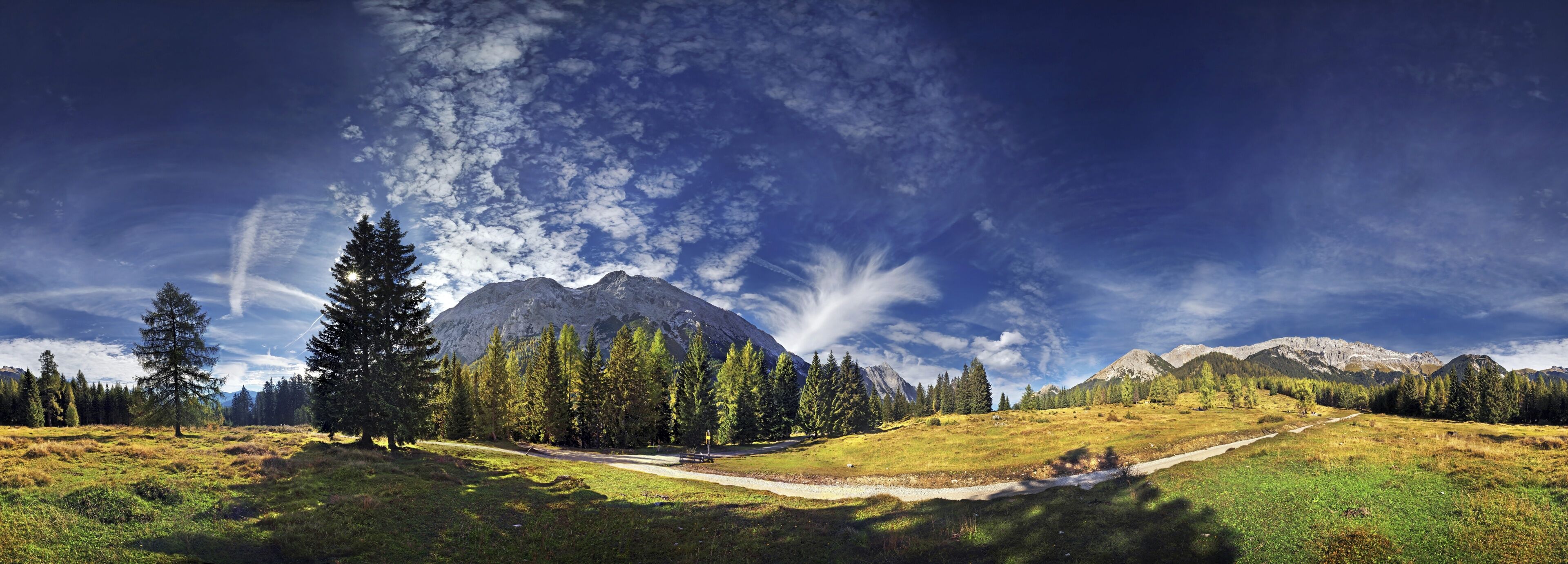 360° mountain panorama with cumulus clouds in the Wettersteingebirge range, Mt. Suedwand with view on the Mieminger Kette and Wettersteinmassiv mountains in Leutasch, Tyrol, Austria, Europe