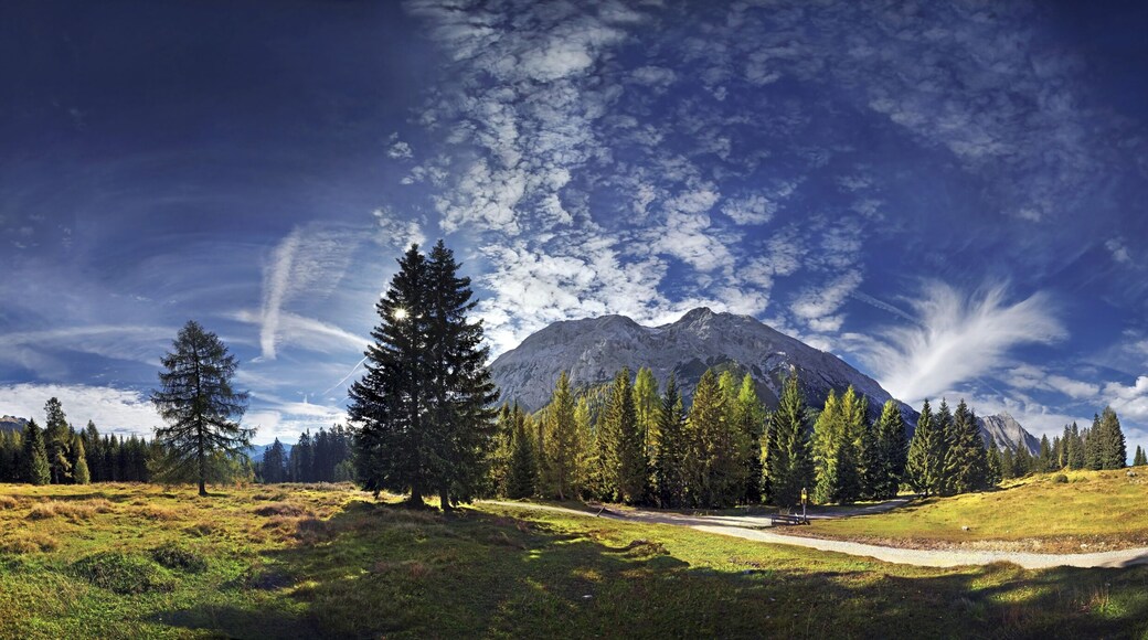 360° mountain panorama with cumulus clouds in the Wettersteingebirge range, Mt. Suedwand with view on the Mieminger Kette and Wettersteinmassiv mountains in Leutasch, Tyrol, Austria, Europe