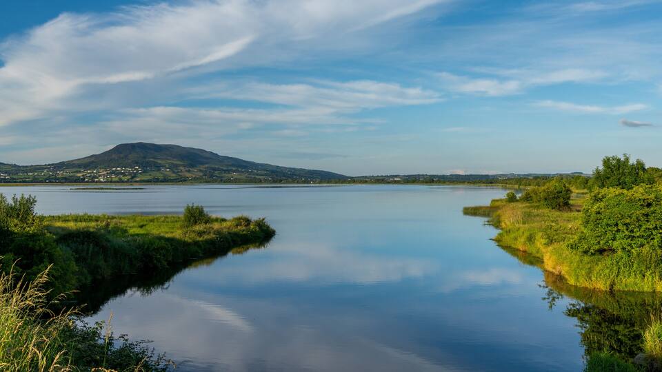 A calm lake with a mountain in the distance, surrounded by greenery and clear skies.