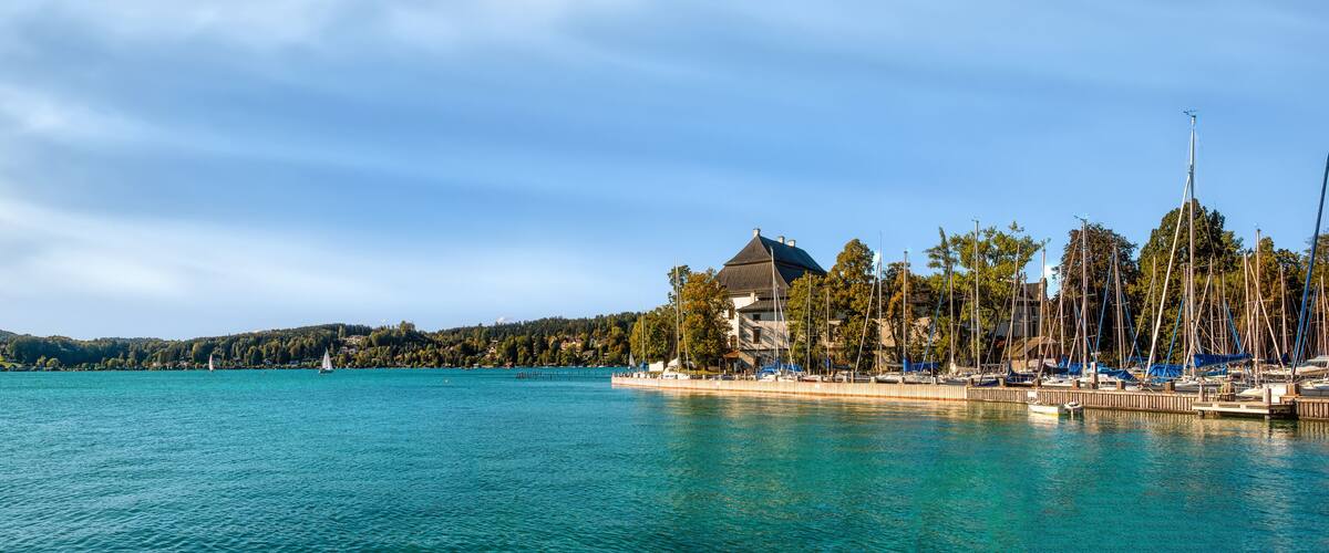 Panorama of Schörfling am Attersee in Salzkammergut, Austria